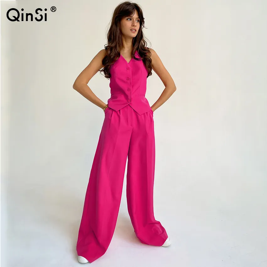 Bclout/QINSI2023セクシーブラックワイドレッグパンツスーツレディース衣装ピンクVネックノースリーブトップエレガントリネンパンツセット2点セット