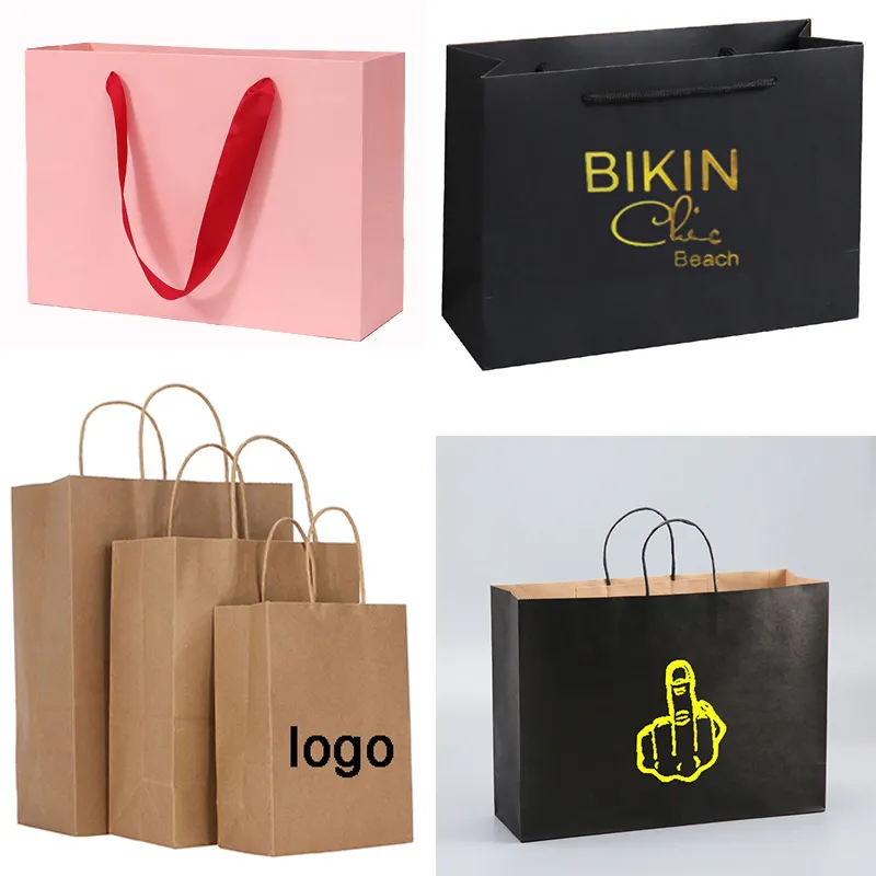 Saco de papel kraft para compras com fita rosa impressa com logotipo personalizado, estampado a laser, ouro brilhante e luxuoso, para cosméticos, embalagem de presente de luxo