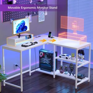 Mesa de ordenador blanca en forma de L, escritorio de esquina de oficina y juegos con tomas de corriente, soporte para monitor y estantes de almacenamiento para uso doméstico - Product Image 5