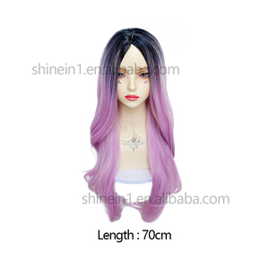 Shinein Cosplay派对七彩双色长波浪假发侧面部分合成纤维卷发假发