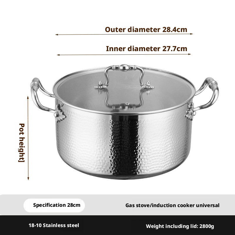 Marmite à soupe à double oreille martelée en argent 28 cm avec couvercle