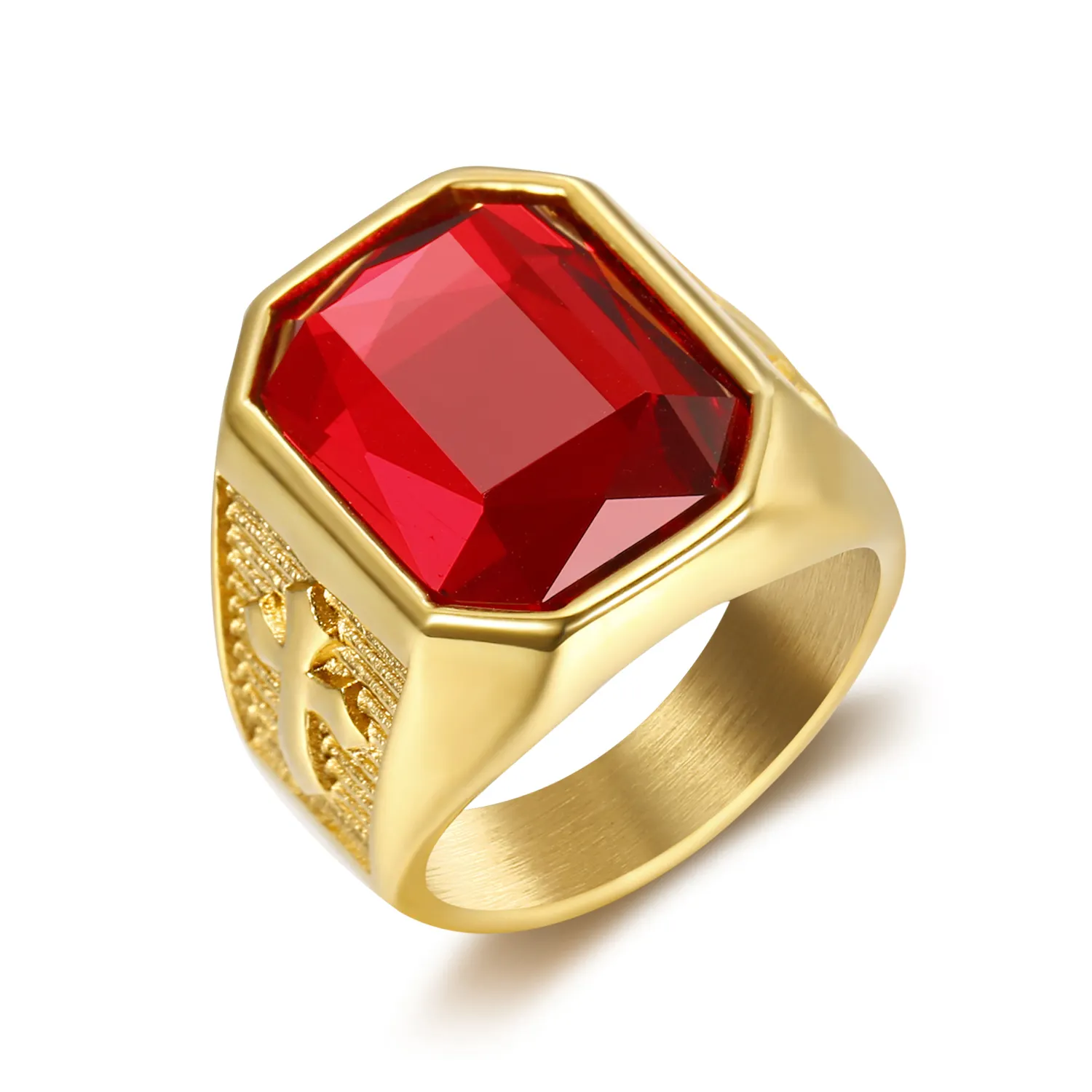 คริสตจักรศาสนาคริสเตียนเครื่องประดับสแตนเลสเยรูซาเล็มข้ามแหวนพลอยสีแดงอัญมณีสำหรับผู้หญิงผู้ชาย
