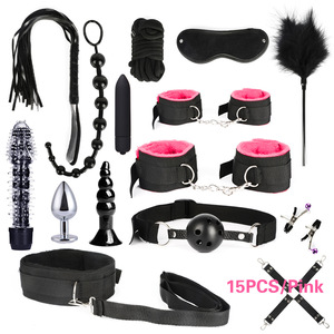 15pcs/套黑色PU皮革束缚套装鞭子面具奶嘴夹手铐BDSM套装成人情侣调情SM游戏5m绳束缚