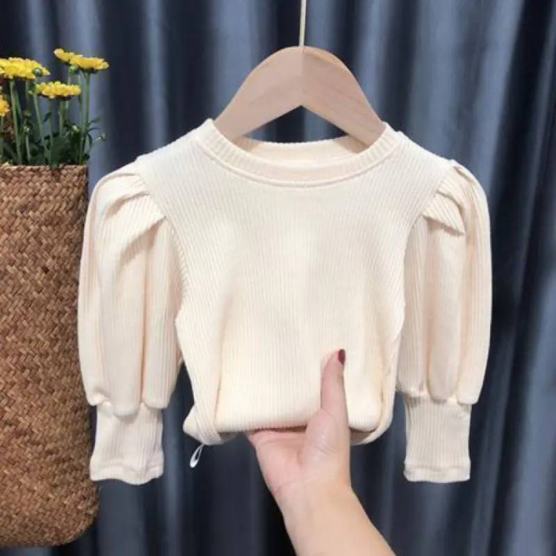 C108089 Baby Kleinkind Teenager Mädchen Pullover Tops Frühling Herbst Lange Puff ärmel Gestrickte Kinder Pullover Für Mädchen Kinder kleidung