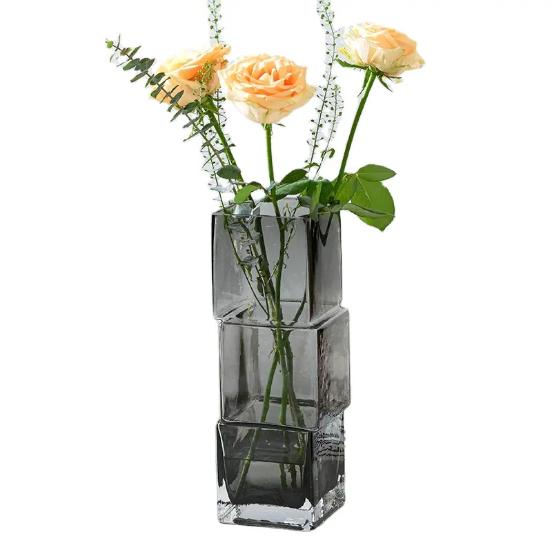 Filet Européen Rouge Irrégulier Carré Transparent Vase En Verre Décoration Salon Gris Vase À Fleurs En Verre pour La Maison De Mariage