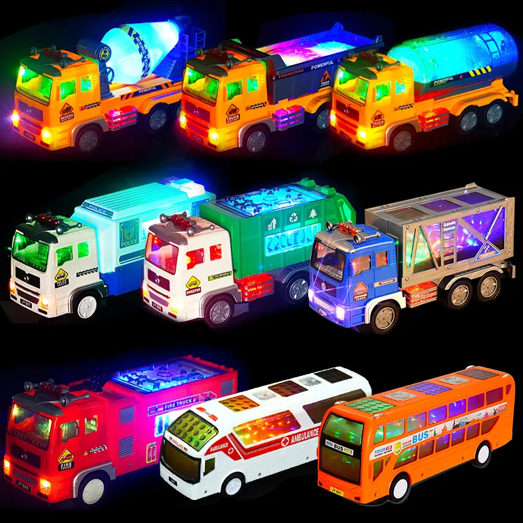Venta al por mayor juguetes universales eléctricos 4D iluminación música niños Eco ambulancia camión de bomberos mezclador ingeniería policía modelos de coches de juguete