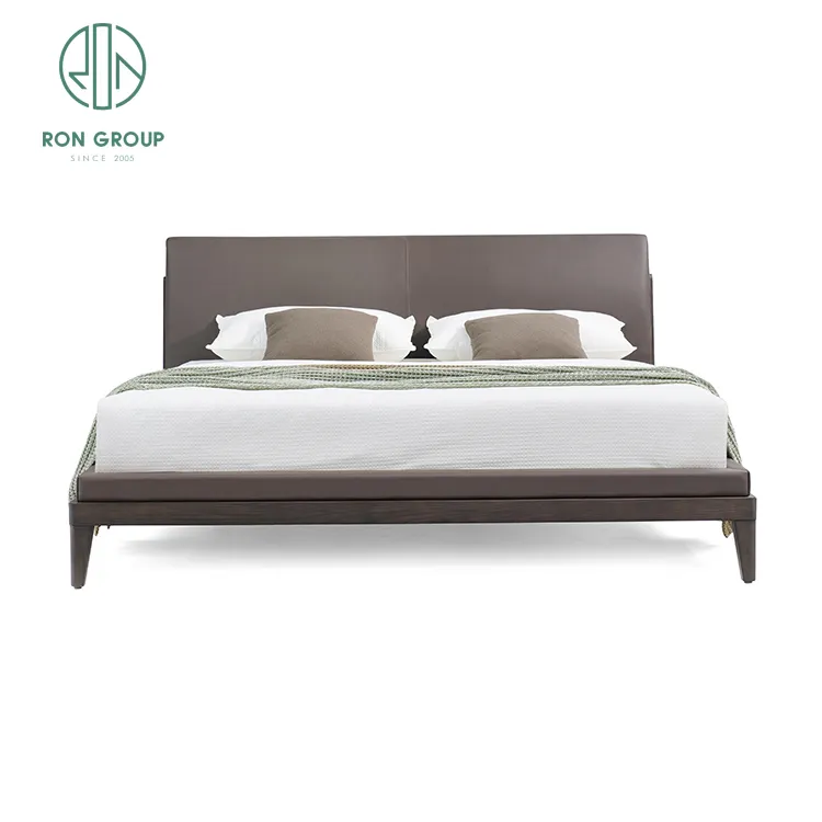 Modern Luxury Bedroom Furniture Upholstered Real Leather Italian Bed With Extended Headboard King Size White Leather Bed