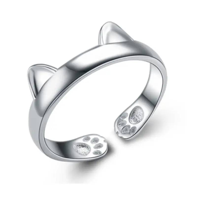 Anillo abierto de alta calidad para mujer y niña, anillos con orejas de gato Chapado en plata