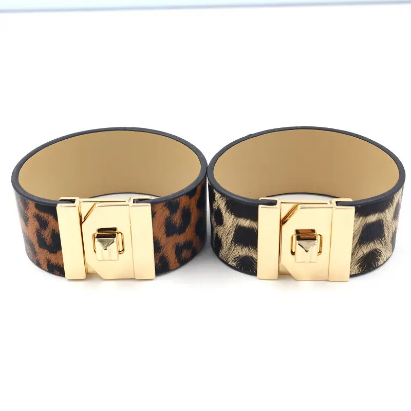 Jachon moda della stampa del leopardo DELL'UNITÀ di elaborazione del braccialetto di cuoio largo del braccialetto delle donne in pelle esagerato bracciale in metallo