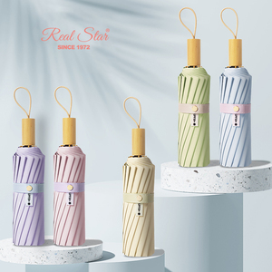 RST 16肋骨金色框架强力防风彩色涂层伞木柄纯素色折叠女伞 - Product Image 2