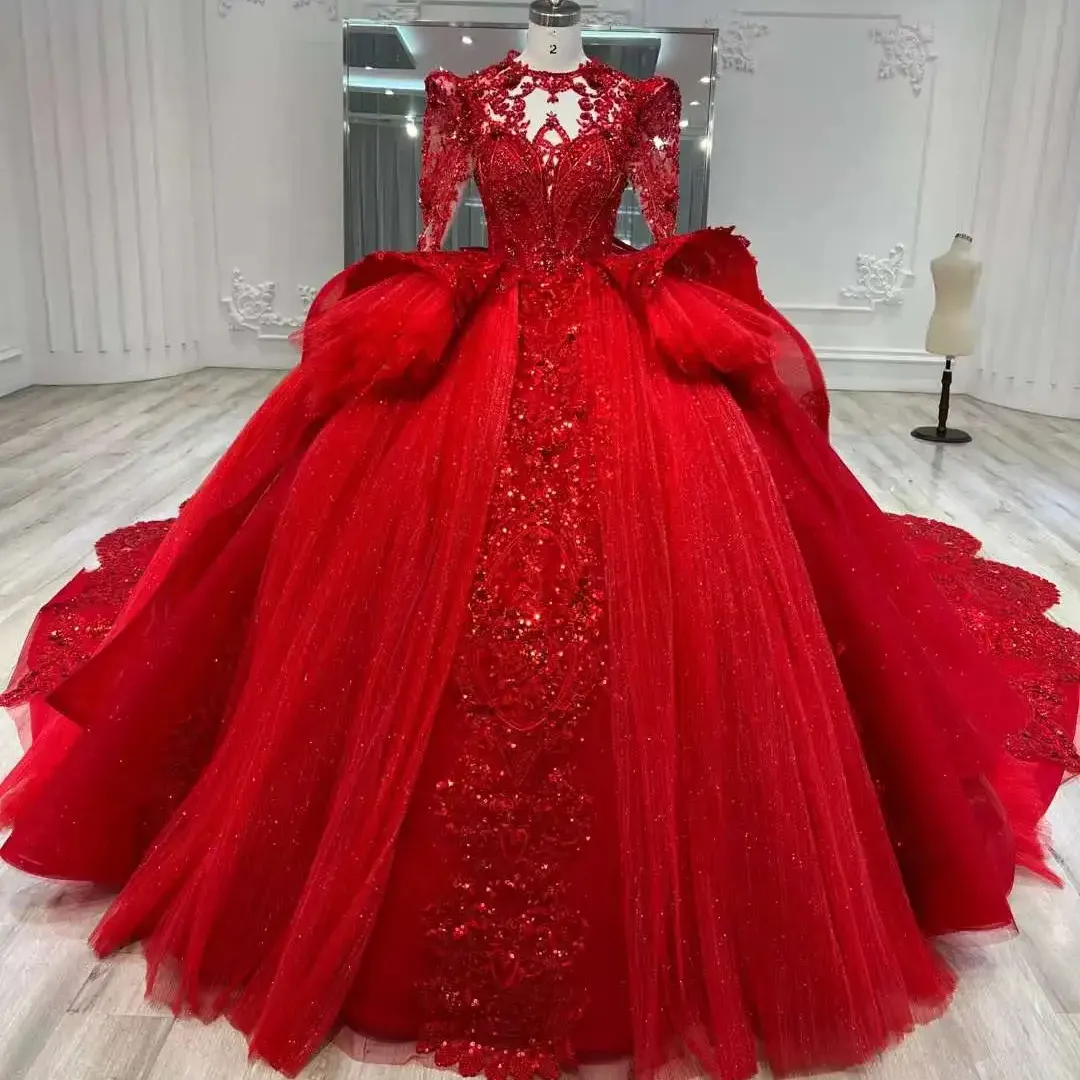 OBETTI LLH0002 Vestido de noiva muçulmano de lantejoulas vermelhas luxuoso, vestido de noiva império, vestido de baile de noiva 2024, vestido de noiva