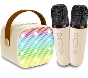 Mini máquina de karaoke portátil con luces LED RGB y 2 micrófonos inalámbricos para altavoz Bluetooth para fiestas y uso de computadora