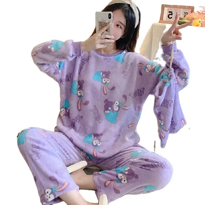 Kore kış yumuşak iki parçalı Set artı boyutu hayvan dış pazen bayan uzun kollu O boyun pijama pijama kadın
