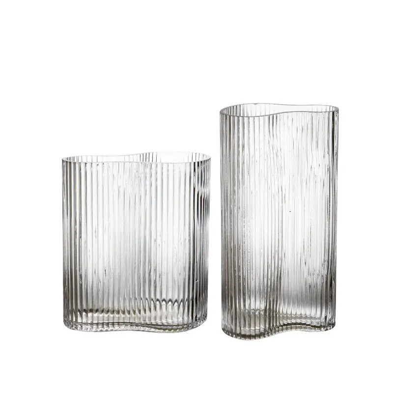 Vase de fleurs en verre transparent irrégulier à rayures verticales, vase de plantes épaissi soufflé à la main, récipient pour la décoration de la maison