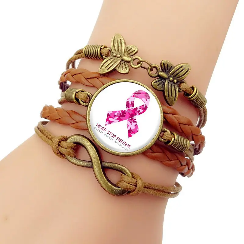 Cancer du sein ruban rose Bracelet en cuir Vintage prenant soin des femmes prévention publicité bien-être public Logo papillon Bracelet