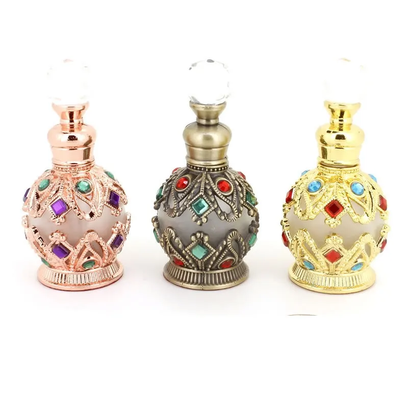 Usine créative nouveau 15ml plat arabe moyen-orient egypte dubaï luxe métal cristal bouteille en verre pour parfum huile essentielle