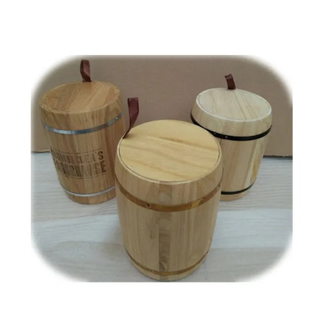 Display Wood Coffee Bean Barrel,Wood Bucket with Silk Handle and Hoop Barrel packaging for coffee, chocolate, honey, candy sales