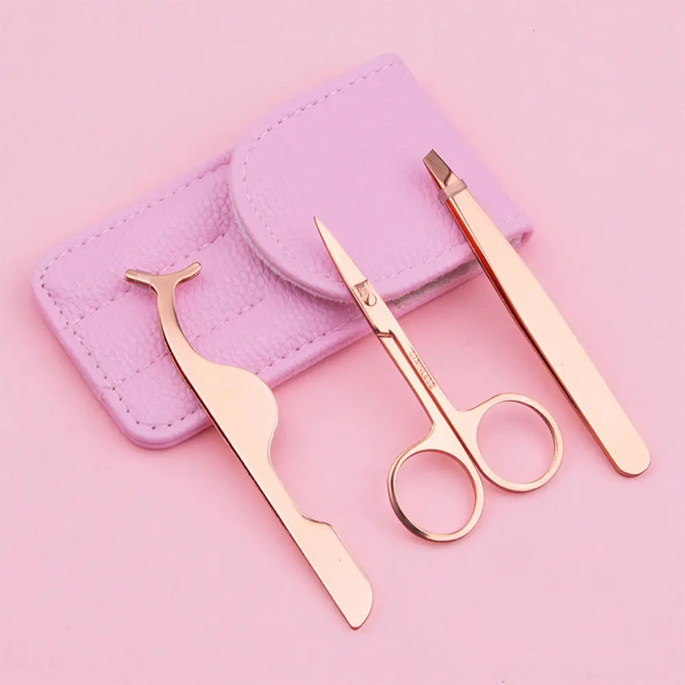 Wholesale Custom Logo Private Label Eyelash Applicator Scissors Set Pink Plastic Tweezers with Box for Eyebrow Application