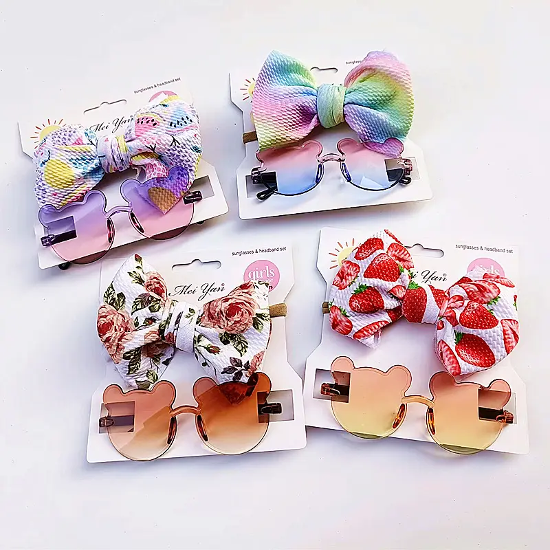 Fashion Party 2 pz/set Cute Printing Big Bow Baby Headband Bear occhiali da sole Beach Photography puntelli fasce per capelli per bambini G