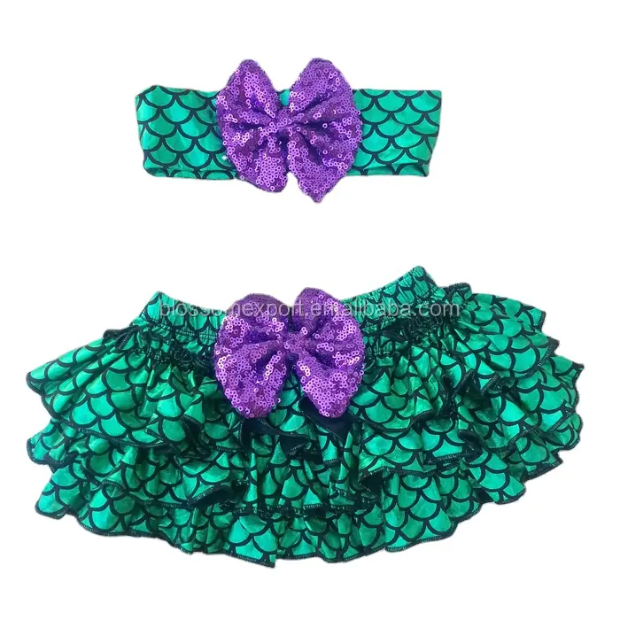 Ruffles All The Way Around copri pannolini squame di pesce Baby Girl Green Mermaid Tutu Bloomer con fascia con fiocco di paillettes viola abbinata