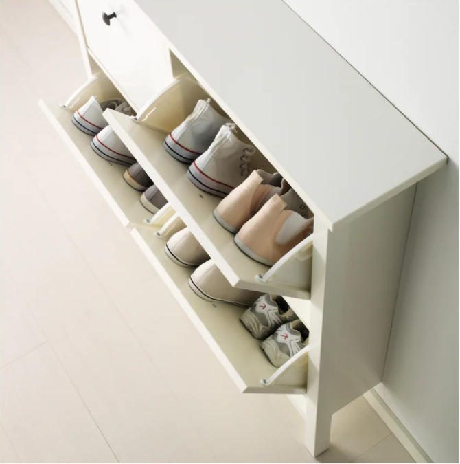 Simple Classic Design White Shoe Cabinet with 4  Flip- Down Compartments