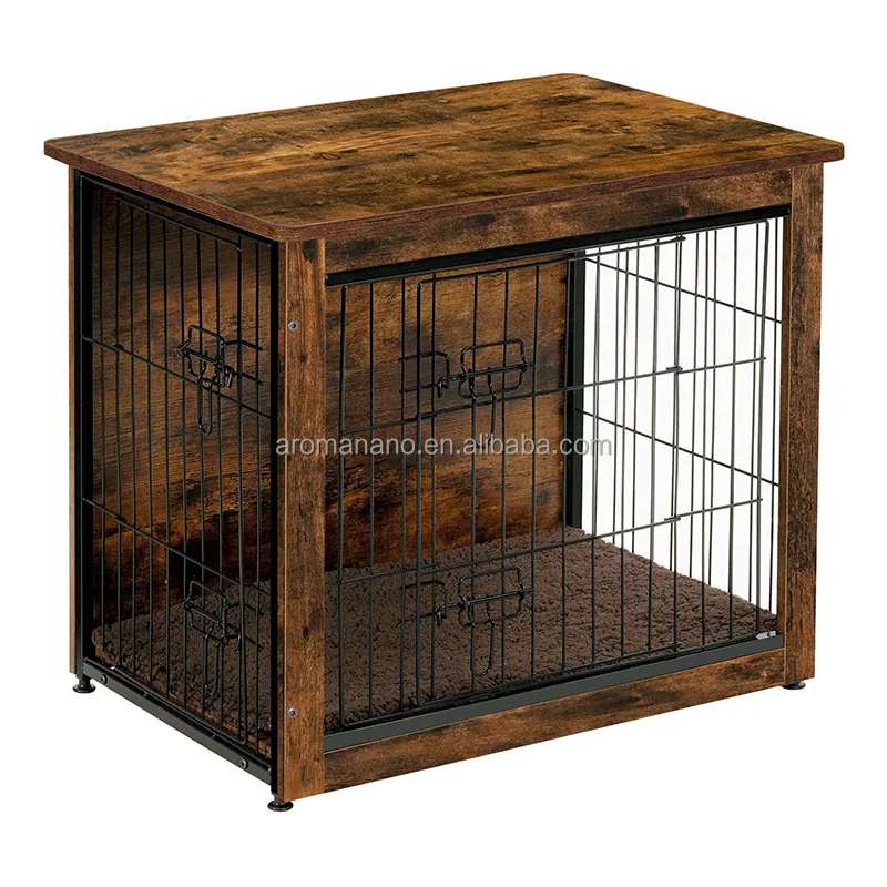 Meja peti anjing kayu, furnitur anjing dua pintu, kandang anjing dalam ruangan untuk anjing kecil/Sedang/besar dengan bantalan,