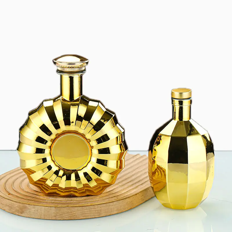 Colorido dorado sol botella vidrio vino gabinete decoración botella de vino proceso de galvanoplastia 700ml brandy oro botella de vino
