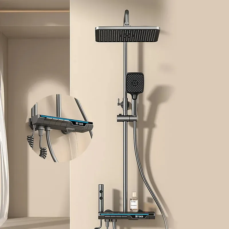 Conjunto de chuveiro para banheiro, sistema cinza com luzes atmosféricas, pistola de pulverização de temperatura constante, chuveiro doméstico