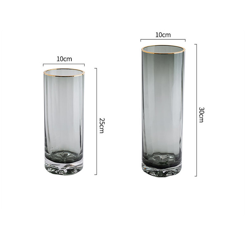 Hand blown Crystal Gold Rim Coloured Vertical Stripe Design Large Cylinder Glass Flower Vase for home decoration