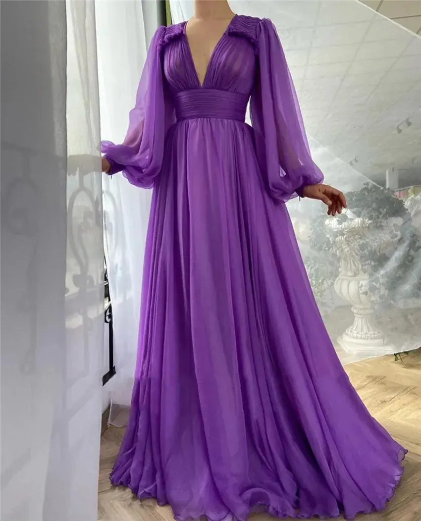 Suruimei élégant violet soie mousseline de soie robes de bal manches longues bouffantes une ligne col en V drapé haut Empire robes de soirée simples