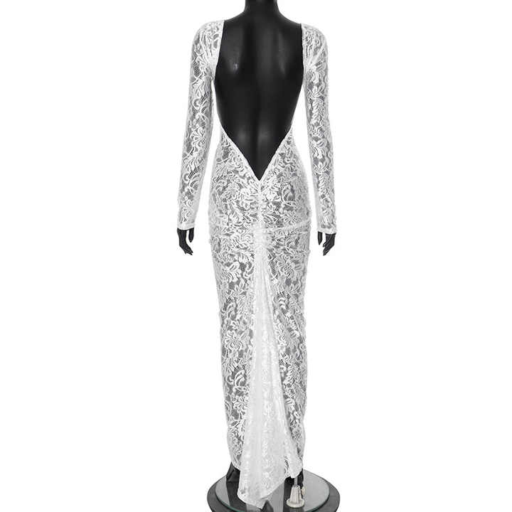 YY4460 women long sleeve backless see through sexy party lace dresses elegant ladies pleated maxi dresses