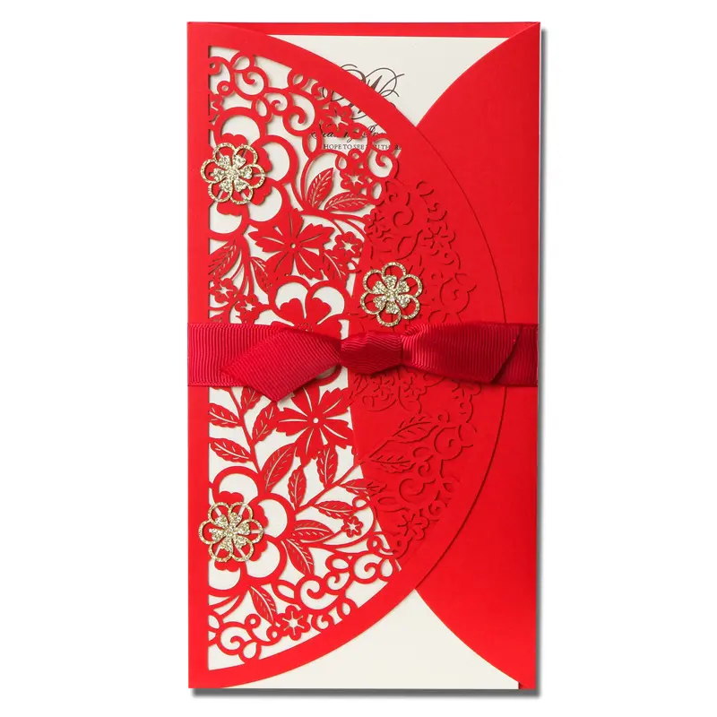 Tarjetas de invitación cortadas con láser, diseño de flores blancas y rojas doradas, tarjetas de invitación de boda, tarjetas de felicitación elegantes con cinta