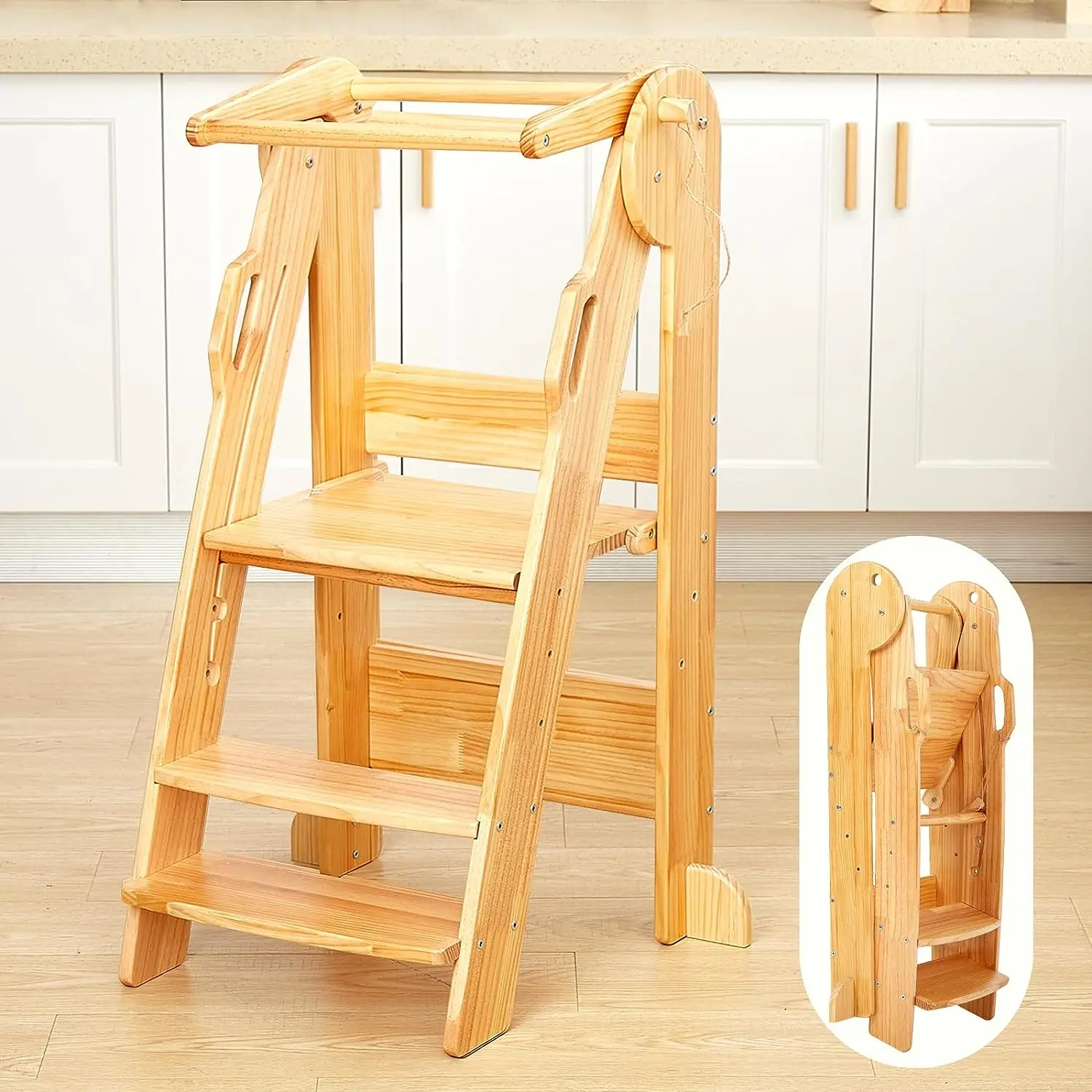 Taburete de cocina de madera plegable para niños, torre de madera de 3 niveles para niños pequeños con rieles de seguridad, torre de pie de madera Montessori para niños