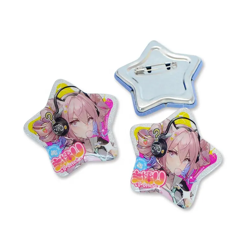 Nuovo arrivo personalizzato distintivo in metallo bottone Pin Badge a forma di stella Anime PET stampa con Glitter Cartoon Pin Button Badge per regalo