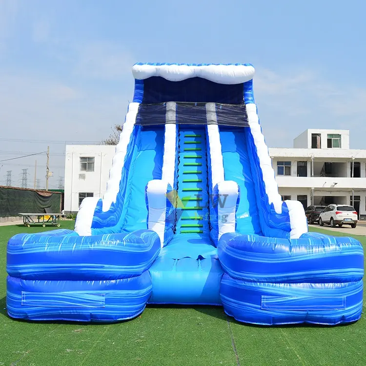 Tobogán de agua inflable de doble carril para piscina, tobogán de agua grande, comercial, con ondas azules