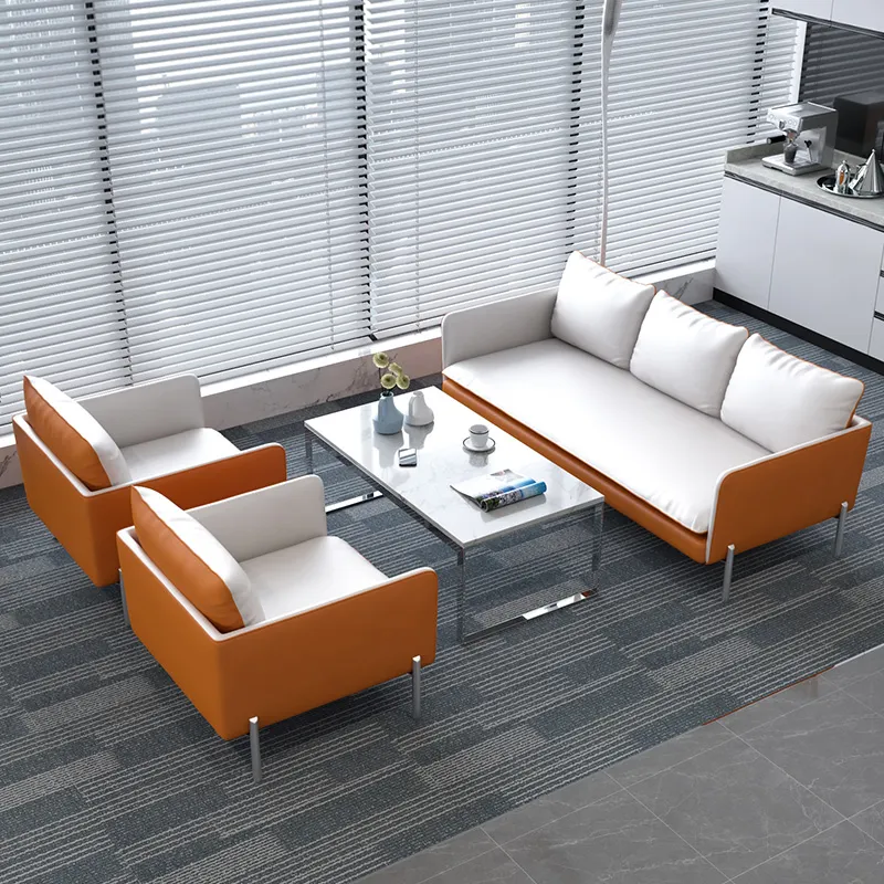 Synthetisch Leer Oranje Wit Kantoor Sofa Set 1 + 1 + 3 Commerciële Meubelen Algemeen Gebruik Bank Voor Kantoor Gebruik