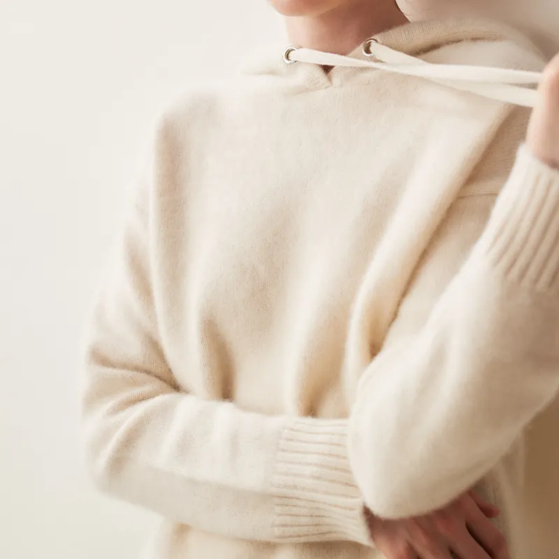 Blusa com capuz de malha de lã de caxemira personalizada para mulheres primavera 2024