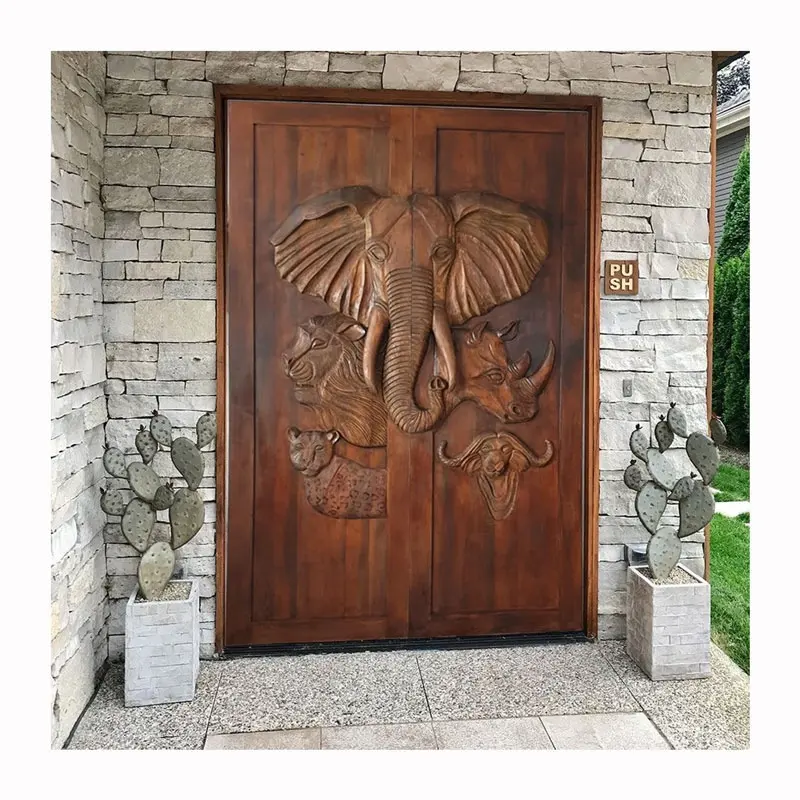 Quênia alta qualidade casa segurança dupla esculpida elefante aparência entrada principal madeira sólida porta design