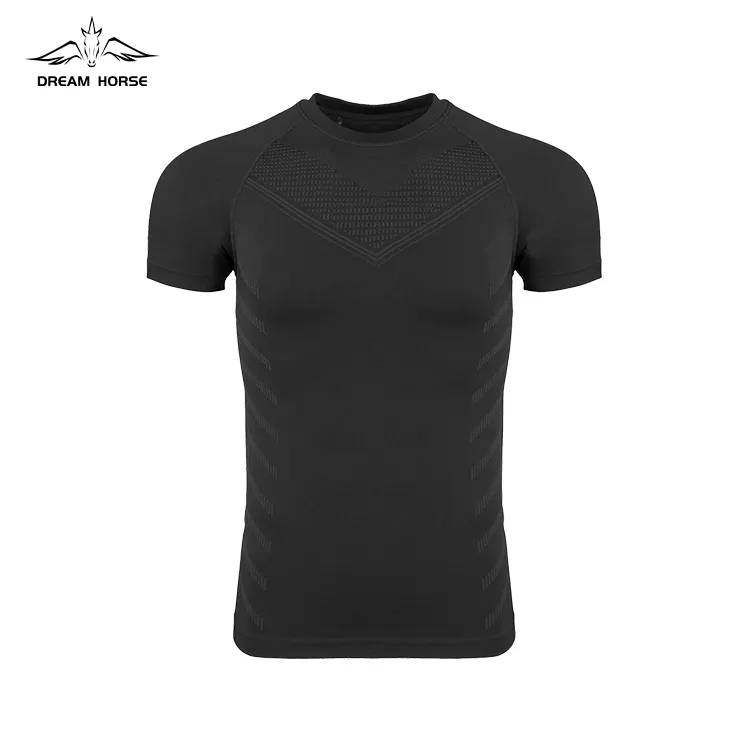 T-shirt a compressione in poliestere da uomo con logo personalizzato all'ingrosso di AiNear e design con collo stretto