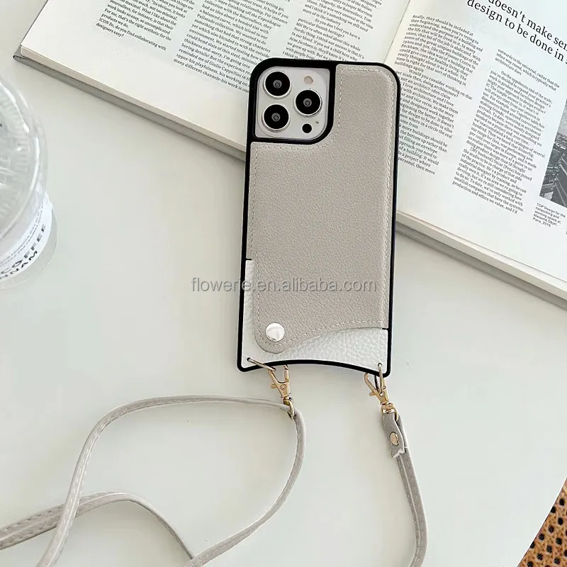 Shoulder hanging Phone cover Adjustable lanyard strap with Credit Card slot purse vegan Leather for iphone 12 13 14 pro max Case