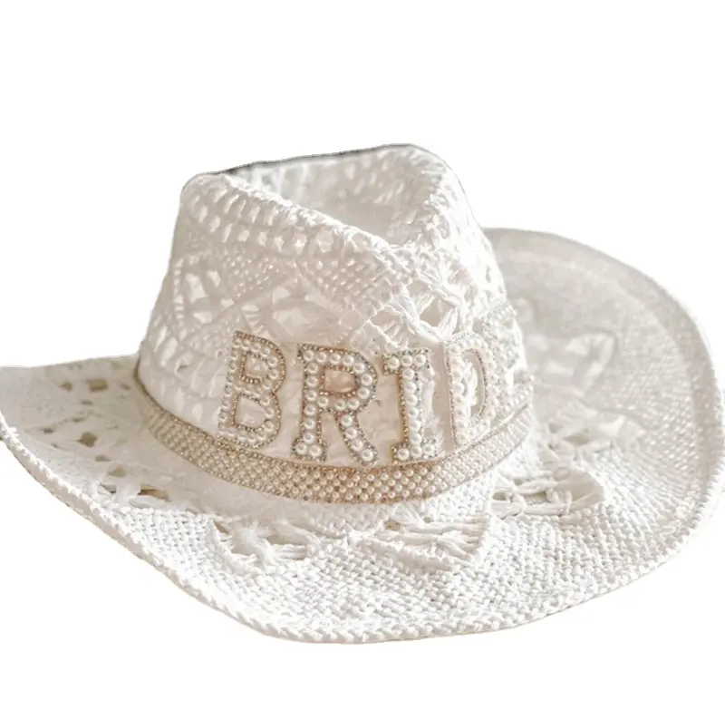 قبعة صيفية للعروس بيضاء مجوفة-قبعة كروشيه مضفرة باليد من القش للحفلات بحجر الراين قبعة عروس نسائية بترتر