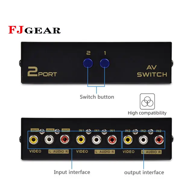 FJGEAR-conmutador de audio y vídeo av de alta calidad y duradero, 2 puertos, 2 entradas, 1 salida, interruptor av