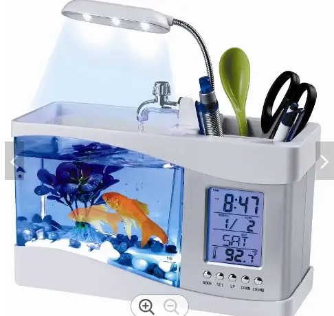Mini pecera de acuario de escritorio acrílico con agua corriente, Lcd reloj de tiempo, alarma, lámpara Led colorida, calendario de luz para el hogar