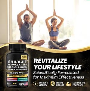 OEM Shilajit kapsüller yüksek saflıkta hint Ginseng Piperine ferahlatıcı enerji arttırıcı 60 kapsül Shilajit ashandandha özü