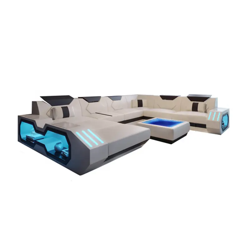 Multi-función de la habitación de sofá de cuero de lujo inteligente moderno sofá seccional con luz LED