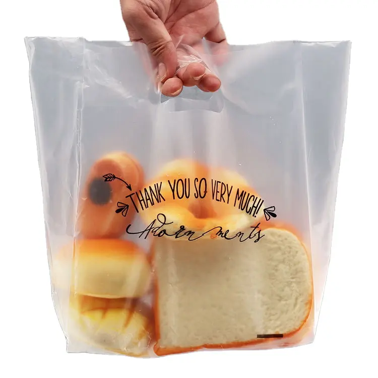 Sacola de compras plástica transparente PE de qualidade alimentar sacola de pão de farinha de plástico de quatro dedos design livre pode ser personalizada produção