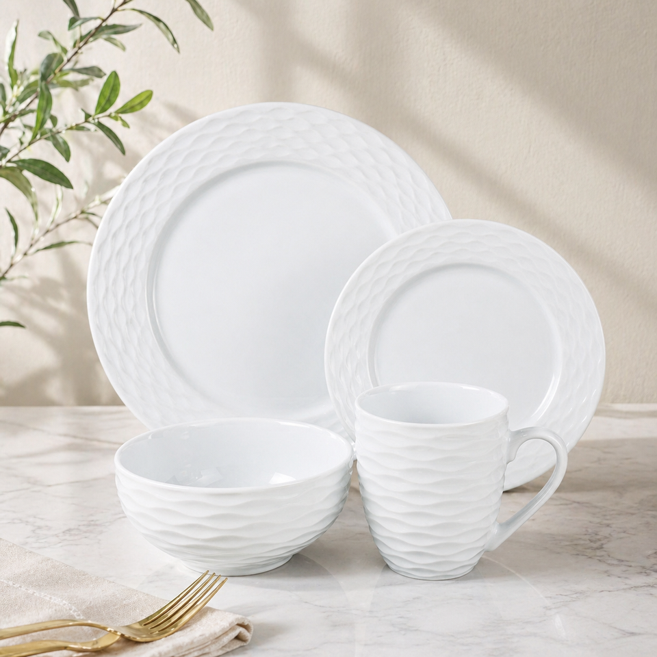 Modern White Embossed Ceramic Dinnerware Set 16 Pcs Wave Pattern Porcelain Tableware Plates And Bowls Set For Hotel Restaurant 2