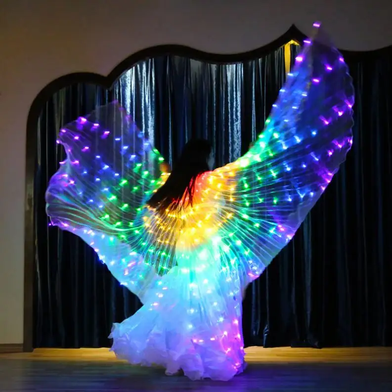 Venta caliente Led alas de danza del vientre iluminan capas niñas mariposa colorida con palo telescópico