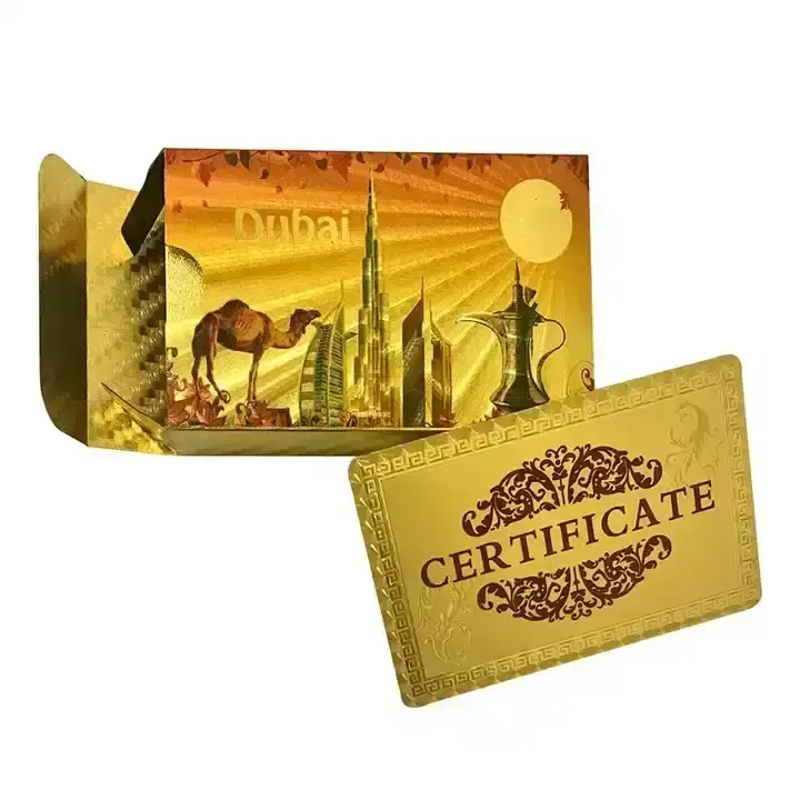 Cartas de baraja de juego DUBAI con impresión de logotipo personalizado a la venta, cartas de juego de lámina de oro de casino para póker de plástico con borde de lámina de regalo