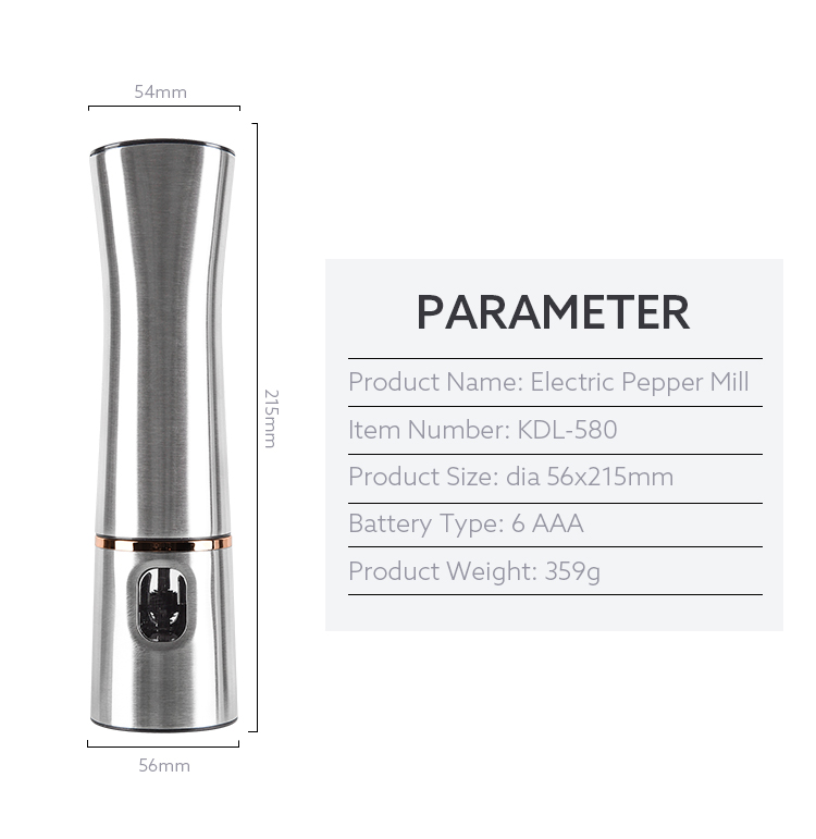 Round salt grinder electric, Good Quality customized stainless steel pepper grind with led